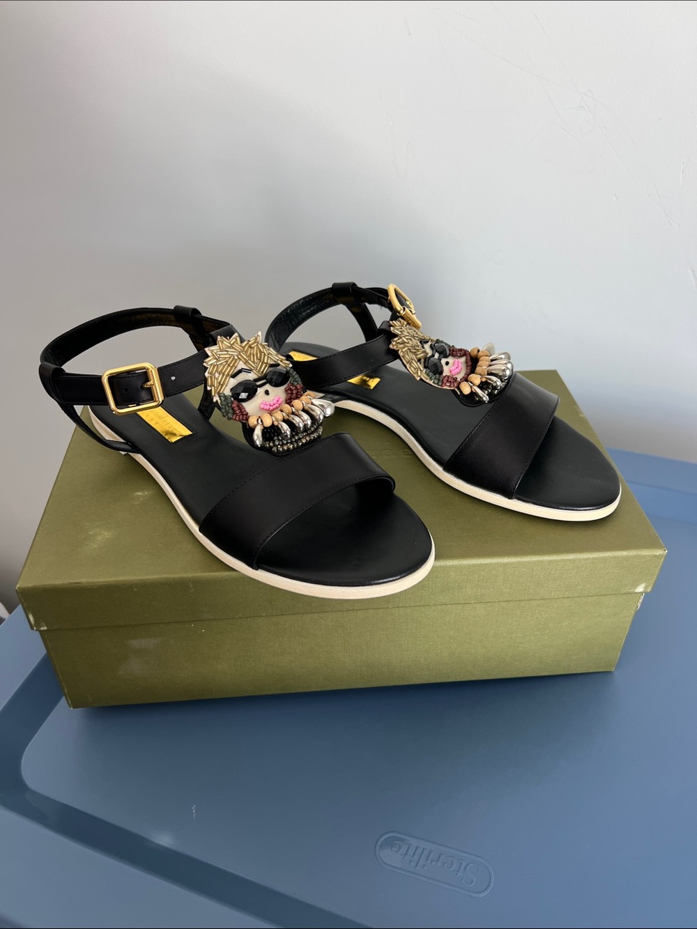 Rupert Sanderson cara frida kahlo black leather multicolored embroidered sandals